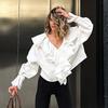 Blusa Feminina com Gola V Franzida Estilo Francês para a Primavera de 2026, Roupa Íntima Elegante e Profissional, Camisa Feminina de Manga Longa 100% Algodão Atacado