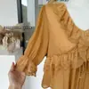 Camisa de Lyocell con Cuello en V Fruncido y Mangas Abullonadas para Mujer, Top de Verano con Adorno de Encaje