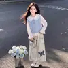 Chaleco de dopamina dulce y sencillo para niñas, camisa de estilo coreano con cuello de muñeca, combinado con pantalones casuales de mariposa, conjunto de tres piezas