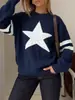 Suéter de tricô com gola redonda para mulheres, bestseller transfronteiriço outono e inverno, com jacquard de pentagrama, listras contrastantes, canelado, top casual e versátil