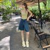 Yc&3-Color Americano Retrô Cintura Alta Solto Calças Capri Calças Perna Larga Verão Versátil Shorts Retos Jeans para Mulheres