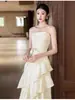 Vestido de Noche sin Tirantes para Mujer 2026 Nuevo Estilo Elegante Ajustado Vestido de Compromiso Se Puede Usar Casualmente Color Champaña Vestido de Volantes