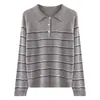 Estilo Coreano 100% Lana Pura Cuello Polo Tejido para Mujer Otoño/Invierno Nuevo Llegado Estilo Universitario Suéter de Rayas Pulóver Top