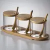 Juego de Frascos de Vidrio para Condimentos con Tapa y Cuchara Venta al por Mayor Estilo Japonés Hogareño Sal Azúcar Glutamato Monosódico Botella para Condimentos Contenedor de Almacenamiento de Cocina