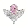 Anel de Prata Esterlina S925 com Diamante Feminino Fofo Estilo Ins Coração Rosa Simples Anel de Zircônia com Corte Flor de Gelo Mais Vendido