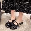 Mules Versátiles de Lentejuelas con Puntera Descubierta 2025 Verano Nuevo Elegantes Brillantes Planas Slip-On Sandalias de Moda para Mujer