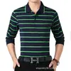 Camiseta masculina de manga comprida para primavera e outono, gola solta listrada, blusa básica com bolso real, tamanho plus size, top casual masculino