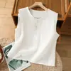 Foto Real de Chaleco de Color Sólido Artístico de Cuello Redondo de Algodón y Lino con Tirantes para Mujer, Tops Versátiles Casuales sin Mangas para Capas de Verano para Mujer