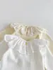 Camiseta Base para Niñas Primavera/Verano, Top de Manga Larga con Cuello Bordado de Encaje para Niños, Camiseta Casual de Color Sólido para Bebé