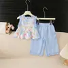 Conjunto de Colete de Verão para Meninas 2025 Nova Moda Infantil Roupa de Verão para Bebê com Calça Wide Leg de Renda Conjunto de Duas Peças