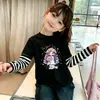 Roupa de Verão para Meninas: Camiseta Estampada Manga Longa Doce e Fofa, Top Patchwork Duas Peças de Verão para Crianças Maiores, Algodão Puro
