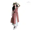 Vestido de Verano para Niñas 2025 Nuevo Vestido Retro a Cuadros Rojos para Niñas Falda Larga para Niños Grandes Falda de Capas Dopamina para Niños