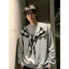 Chal a cuadros con pajarita, sudadera de cuello redondo para hombre, otoño talla grande, chaqueta de pareja moderna de corte holgado para personas con sobrepeso