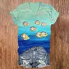 Roupas Femininas Estilo Coreano Gola V Senso de Design Casual Top Camiseta Feminina Manga Curta Estilo Peixinho Impressão 3D Envio Direto da Fábrica