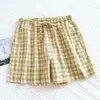 Calça de Pijama de Gaze de Algodão Puro Estilo Japonês para Homens e Mulheres, Shorts Xadrez Finos de Verão Que Podem Ser Usados Fora de Casa, Calças de Casa 100% Algodão e Linho, Shorts Grandes