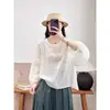 Camisa de Algodón y Lino de Color Sólido con Cuello Redondo y Mangas de Linterna, Top Suelto y Cómodo para Mujer, Nuevo Verano 2025