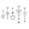 Barra de acero inoxidable de 14G con colgante de lazo con forma de corazón de circón rosa para piercing de ombligo