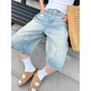 Shorts Jeans Largos Casuais Estilo Americano para Homens, Marca de Moda High Street, Estampa Lavada Vintage, Shorts de Cinco Pontos Oversized Descolados