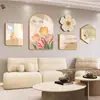 Pintura decorativa para sala de estar estilo crema wabi-sabi, pintura colgante para pared de fondo de sofá, mural de pared colgante minimalista nórdico con combinación de reloj