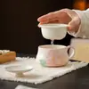 Caneca de Cerâmica Rosa Claro com Peônia Pintada à Mão e Design em Camadas, Adequada para Uso no Escritório e em Casa, Caneca com Infusor de Chá