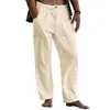 Pantalones Largos de Lino para Hombre Yoga Playa Cintura sin Elástico Cordón Bolsillos Múltiples Casual Transpirables 2022