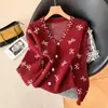 Colección nueva Otoño/Invierno 2026: cárdigan de punto, estilo dulce, bordado, con abalorios, cuello en V, corte holgado, prenda exterior para mujer, moderno