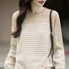 Suéter de punto de algodón puro a rayas para mujer, cuello redondo, manga larga, corte holgado, estilo casual, adecuado para primavera y otoño, cómodo de llevar como capa interior o exterior, estilo básico