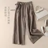 Pantalones de Pierna Ancha Cortos de Algodón Puro para Mujer, Verano, Algodón y Lino, Delgados, Cintura Alta, Cordones Laterales, Vintage, Artísticos, Holgados, Casuales