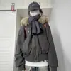 Diseño de Invierno con Forro Polar, Chaqueta Corta Holgada Gruesa de Ropa de Trabajo, Abrigo de Algodón Americano Retro con Capucha y Cuello de Piel de Águila de Montaña para Mujer