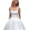 Vestido de Novia Ligero Estilo Francés con Tirantes Finos y Acabado de Alta Gama, Vestido Blanco de Satén Sencillo para Registro Civil, Fotografía de Viaje al Aire Libre, Vestido de Graduación Temático del Bosque