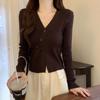 Blusa de Tricô Gola V Estilo Coreano Suave para Mulheres Roupa de Trabalho Outono Camisa para Camada Interna Diária Tricô Elegante Slim
