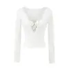 Camiseta Sexy de Manga Larga con Cuello en V Profundo para Mujer, Top Corto Elegante Versátil de Moda con Incrustaciones de Encaje