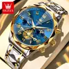 Pedido al por mayor de una sola pieza del nuevo reloj de cuarzo para hombre Oulisi, de comercio exterior transfronterizo, superventas, multifuncional, tres ojos, impermeable, color dorado, de negocios