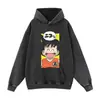 Sudadera con capucha estampada, lavada y desgastada, en stock, estilo anime japonés, corte holgado, hombros caídos, ropa casual para el día a día, sudadera de cuello redondo