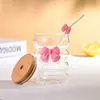 Taza de Agua para Mujeres, Vidrio de Borosilicato Alto, Diseño Transparente de Oruga con Tapa y Popote, Anillo de Leche con Lazo, Taza Portátil para Beber