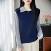 Top de design em camadas de nicho com gola redonda para mulheres, de manga curta, color block, primavera-verão, duas peças, casual, cores contrastantes, emendas transfronteiriças
