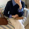 Gola de camisa patchwork estilo coreano 2026 novo suéter de tricô outono e inverno blusa básica elegante top de pijama falso de duas peças