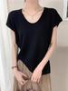 Camiseta Feminina Cinza com Gola U e Ombros Retos, Manga Curta, Verão 2026, Fina, Solta, Estilo Preguiçoso, Top de Nicho, Camiseta Básica Lisa