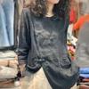 Exportação de comércio exterior estação europeia tamanho grande camisa de algodão e linho retrô artística fivela irregular manga 3/4 blusa pulôver