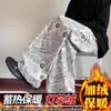 Pantalones de pana de pierna ancha con estampado completo para hombre, Pantalones forrados de forro polar para otoño e invierno, Pantalones casuales americanos, Rectos holgados retro a la moda