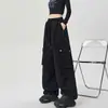 Calças cargo de caminhada estilo americano para mulheres, novas calças casuais largas de perna larga, calças esportivas funcionais de algodão lavado para atividades ao ar livre