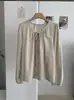 KEKEZOON Blusa de Manga Larga con Cuello en V, Parche de Encaje de Hojas, Patchwork, Color Sólido, de Botones, Top 8608