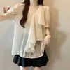 Blusa de Chiffon Feminina Plus Size de Verão Nova com Decote V Estilo Francês Design de Babados Manga Curta Camisa Fina