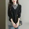 Camisas Femininas Roupa de Início de Outono 2025 Novas Malhas Falsas de Duas Peças Tops Femininos Roupas de Outono e Inverno Camisas Estilo Ocidental