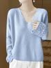 Suéter Pulôver Tricotado Feminino Decote V Vazado Outono e Inverno Nova Moda Versátil Solto Camisa Base de Caxemira