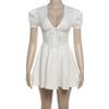 Vestido plisado con lazo de color liso y mangas abullonadas con escote en V francés elegante de verano para mujer de estilo europeo y americano 2025