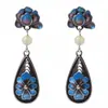 Estilo Étnico Coloridos Retro Pendientes de Gota de Agua Flor de Peonía Pendientes de Seda Azul Quemado Pendientes Chapados en Oro Blanco Pendientes de Regalo