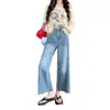 Pantalones vaqueros cropped azul oscuro y azul claro, ligeramente acampanados para mujer, nueva colección otoño/invierno 2026, de cintura alta, elásticos, corte holgado, pantalones de pierna recta acampanados