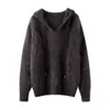 Suéter de Cashmere Puro 2026 Inverno Novo Estilo Feminino com Capuz Forrado com Fleece Camada Base Estilo Elegante Solto Emagrecedor Tricô Grosso