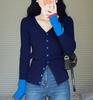Chaqueta Cardigan de Punto Azul con Cuello en V y Costuras de Contraste para Mujer, Corta, Ajustada, Camisa Base Superior ls